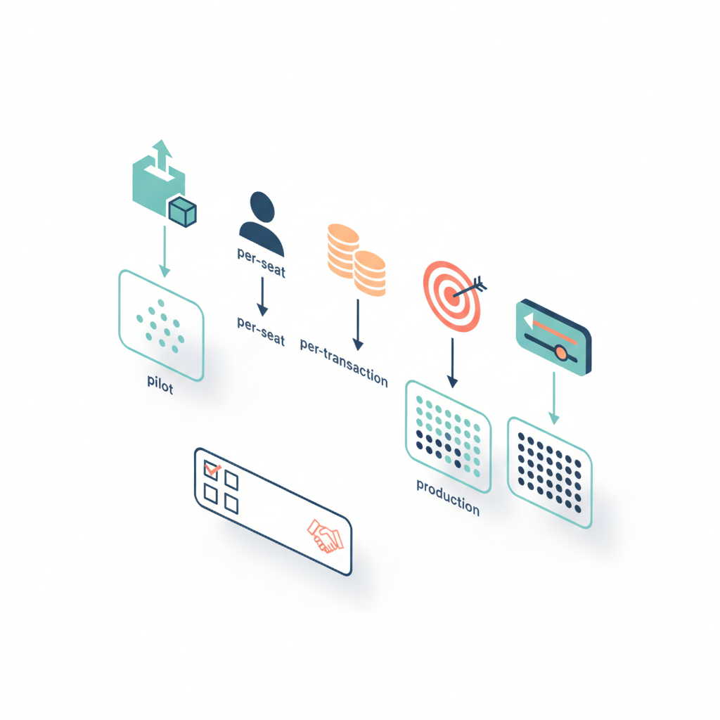 Isometric diagram mapping pricing-model icons to pilot and production panels with a checklist.
