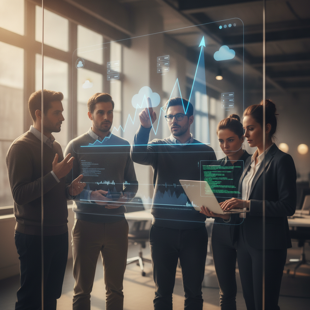 SRE and ML engineers point at a holographic cost dashboard in an office reviewing AI automation expenses.