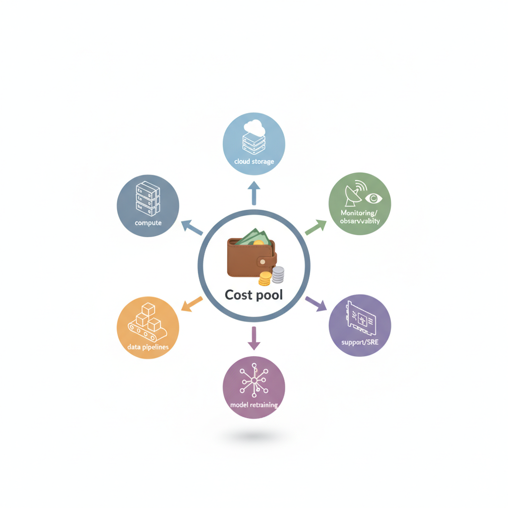 Isometric diagram showing cost nodes (compute, storage, pipelines, retraining, monitoring, support) feeding into a central
