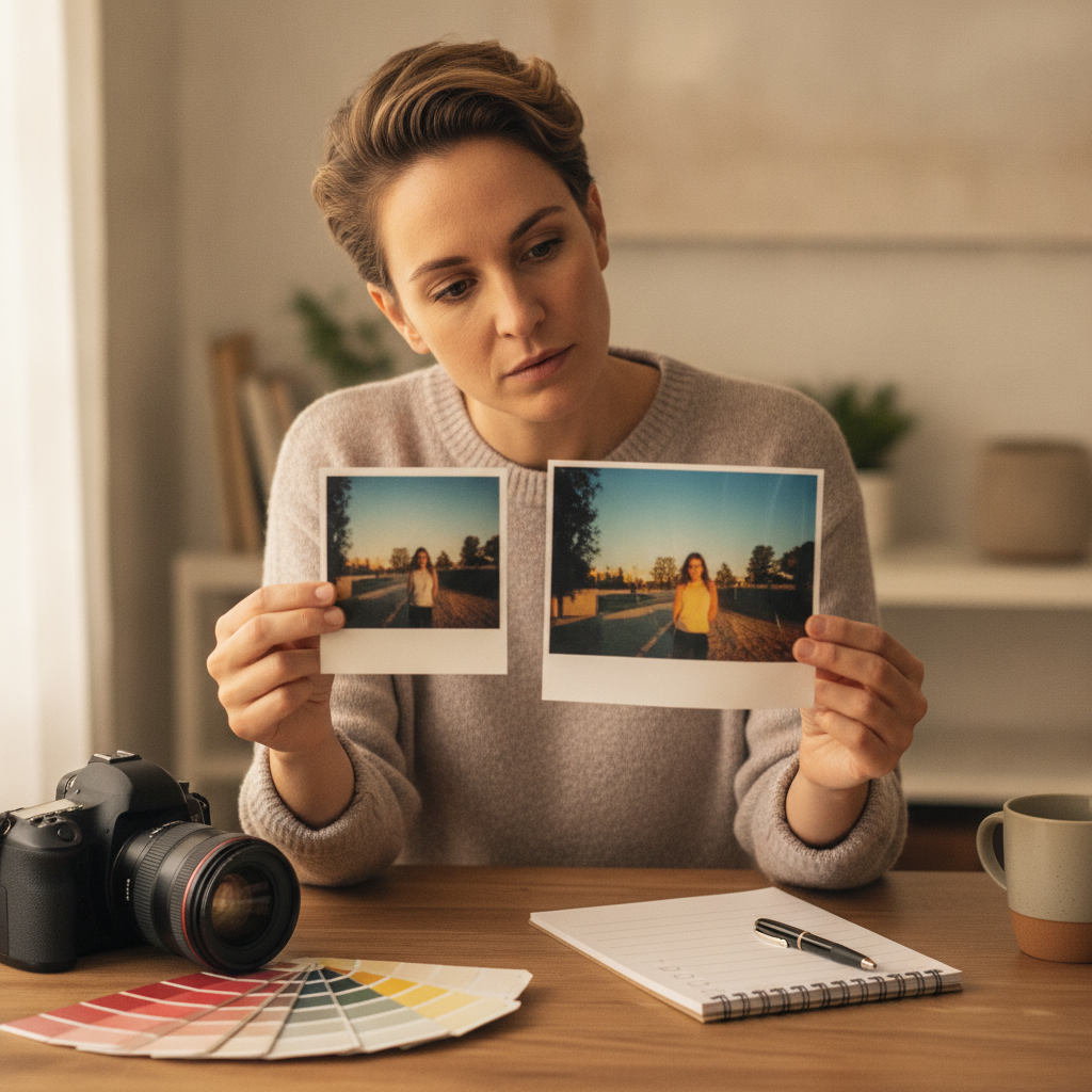 Photographer holding two printed photos side-by-side, comparing low‑res and high‑res prints at a wooden desk