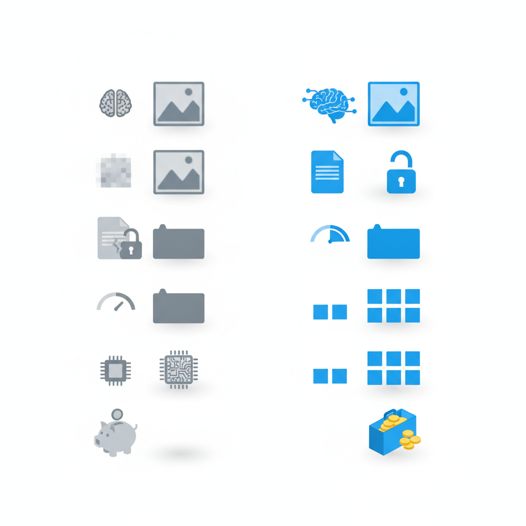 Isometric diagram comparing free vs paid tiers with icons for features and usage limits, side-by-side, no text