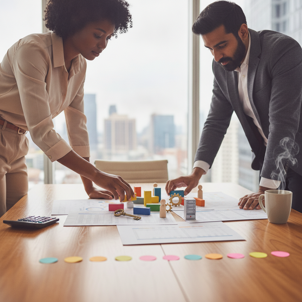 Finance lead arranging colored blocks and tokens on a table to model AI automation costs in a meeting