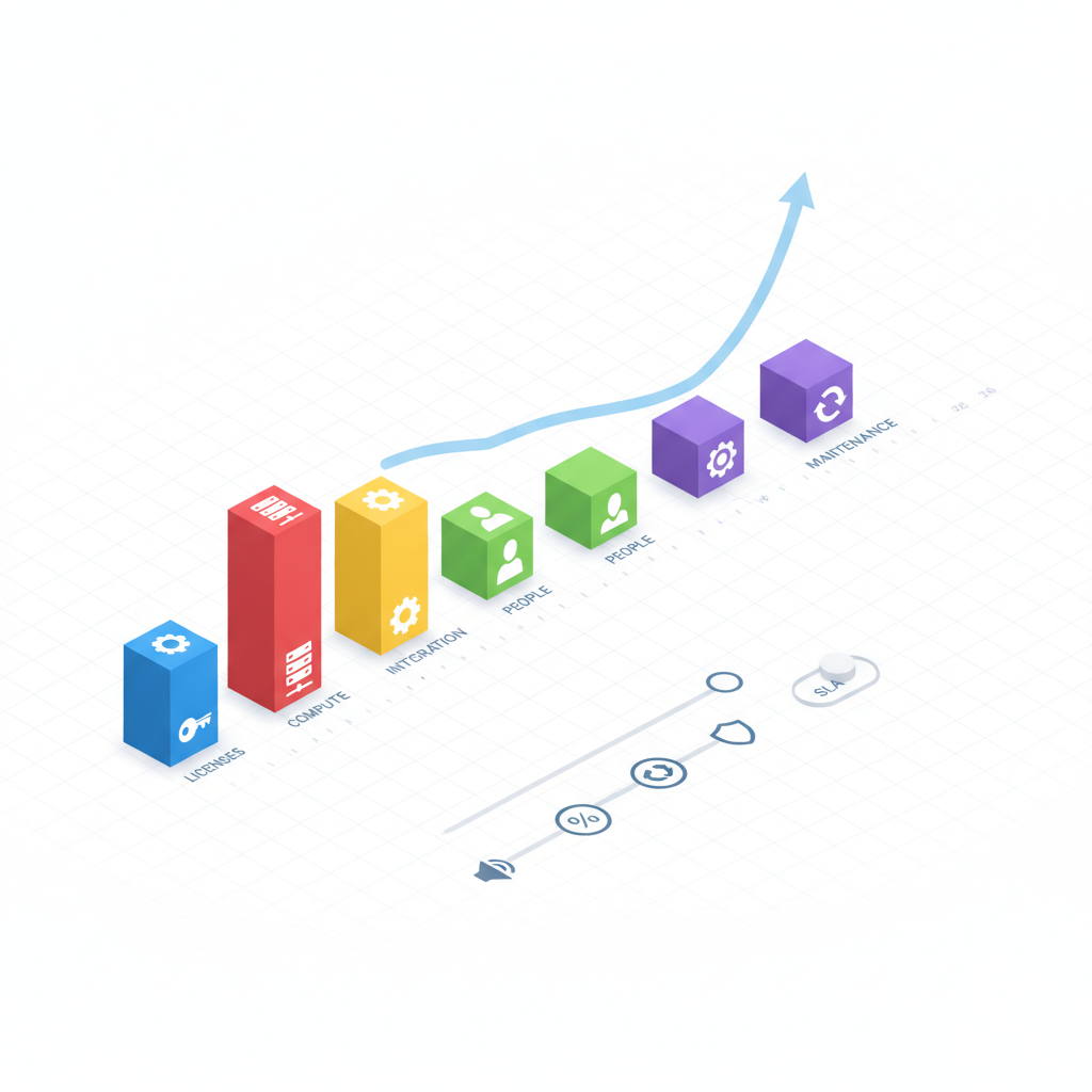 Isometric diagram of color-coded cost stacks and a 36-month unlabeled timeline with sliders for forecast inputs