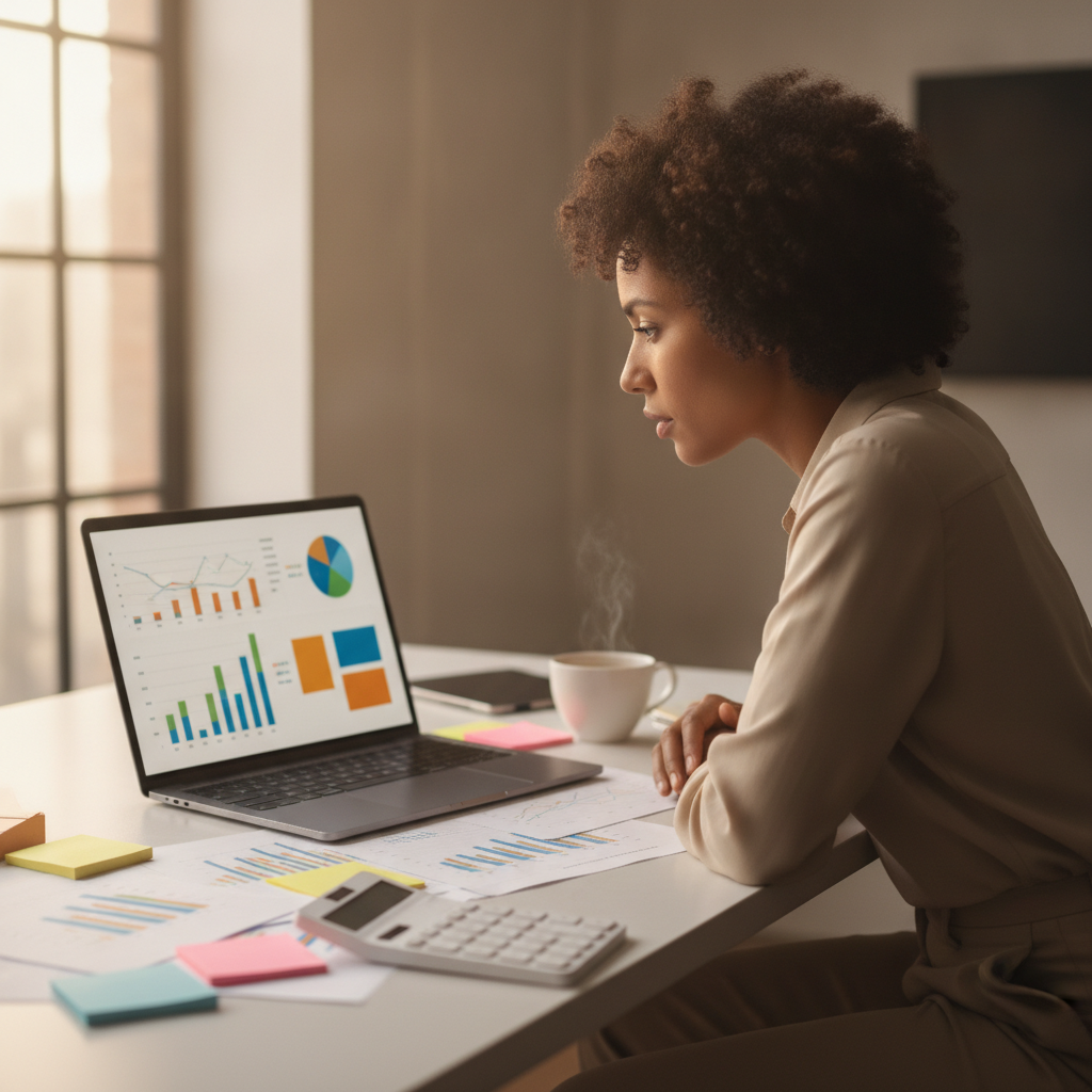 Product manager studying pricing charts on a laptop with printed cost graphs on an office desk