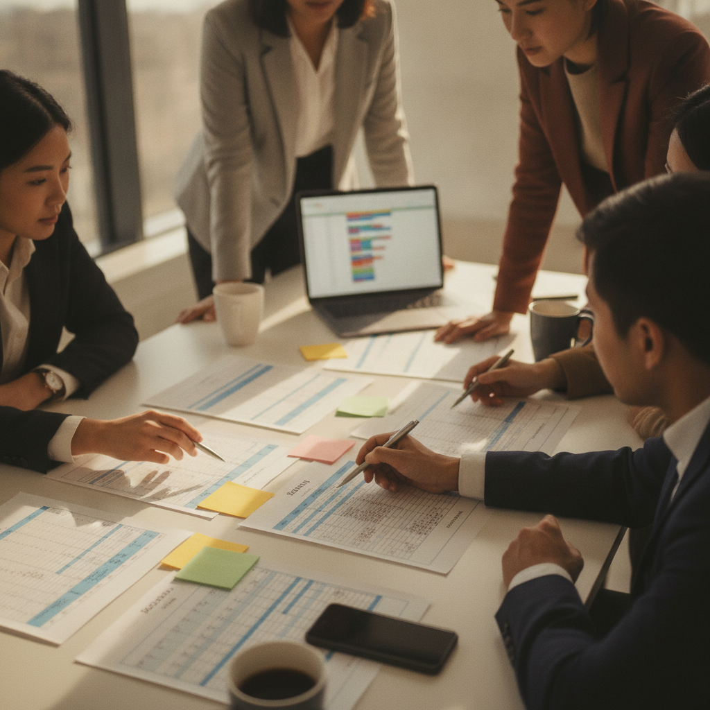 Team members point at printed vendor scorecards on a conference table during an evaluation meeting.