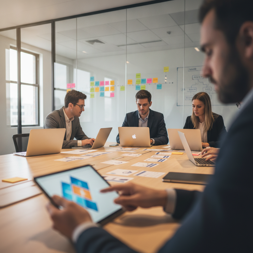 Diverse team pointing at a tablet and sticky-note timeline while planning a 90-day AI automation pilot