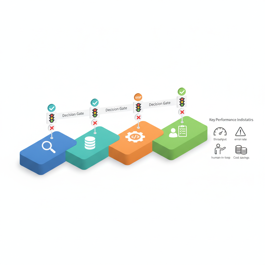 Isometric diagram showing four color-coded pilot phases, decision gates, and KPI icons for an AI process automation workflow