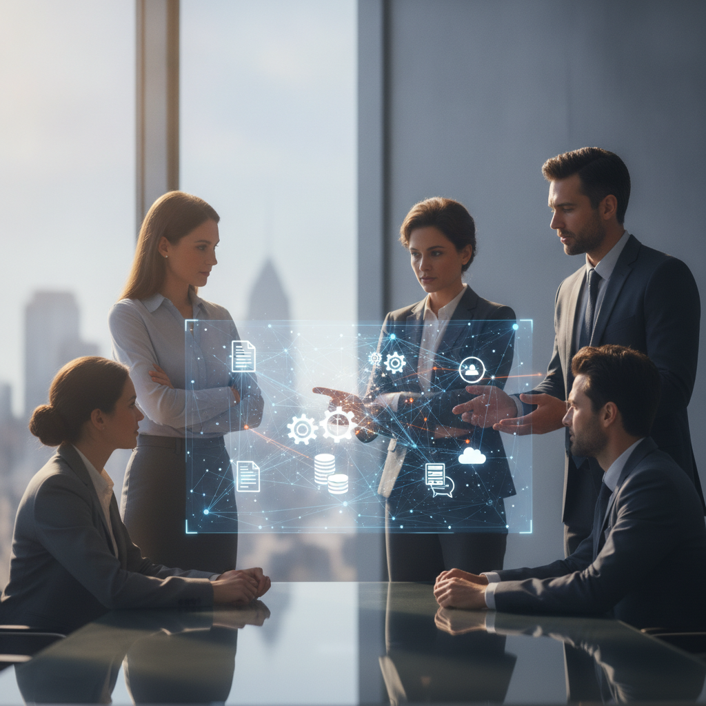 Diverse team gestures at a holographic node-and-flow visualization of AI process automation in a bright modern office