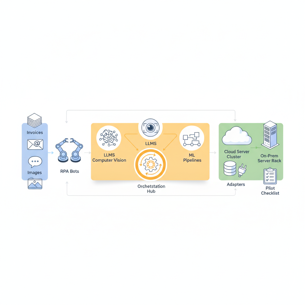 Isometric diagram showing AI automation pipeline: inputs feeding RPA, AI components, orchestration, and cloud vs on-prem