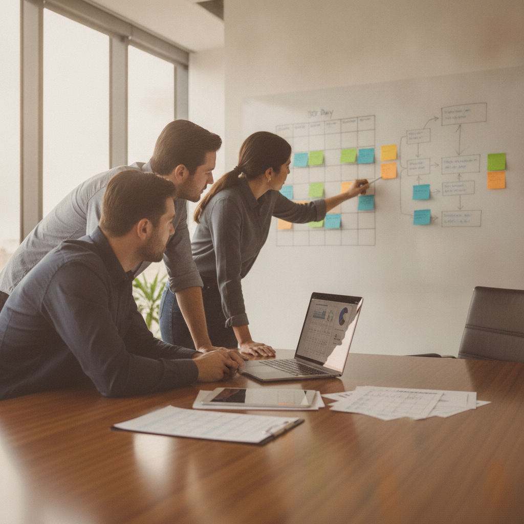 Pilot team reviewing a 30-day AI process automation checklist on a whiteboard during a planning meeting