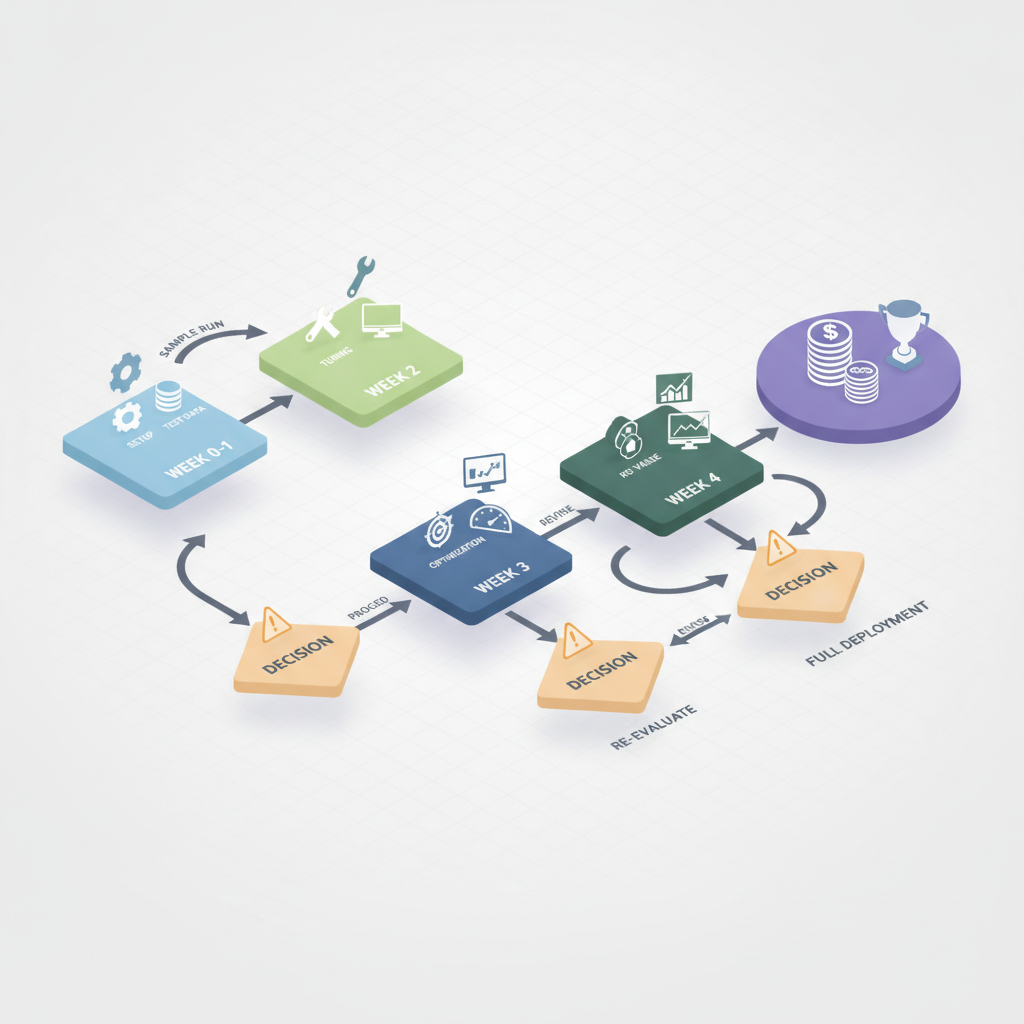 Isometric diagram showing week-by-week AI automation pilot flow with icons for setup, tuning, monitoring and decision gates