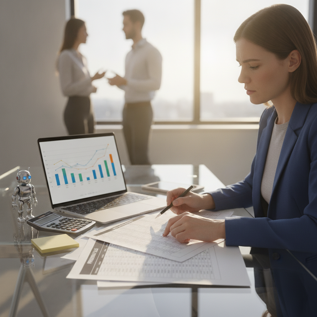 Product manager comparing printed pricing tiers and laptop charts at a sunlit office desk