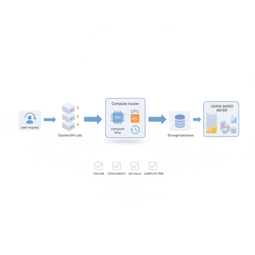 Isometric diagram showing requests flowing through API, compute and storage into subscription and usage cost buckets