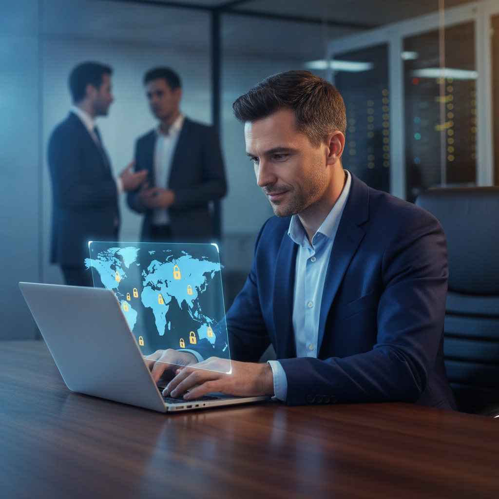 Security lead reviews holographic global map with padlocks over a laptop, assessing vendor data residency in an office.