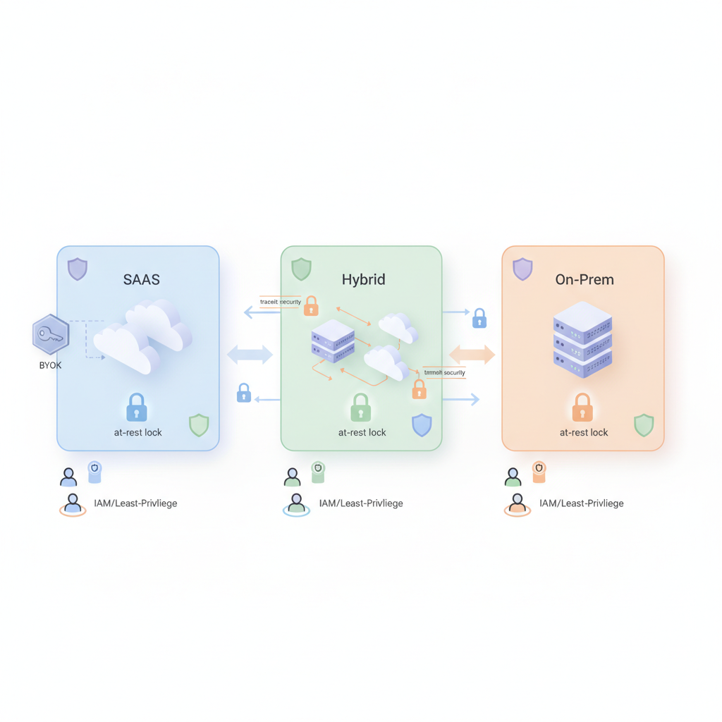 Isometric diagram showing data flows between SaaS, hybrid, and on-prem zones with encryption, BYOK key, and IAM icons.