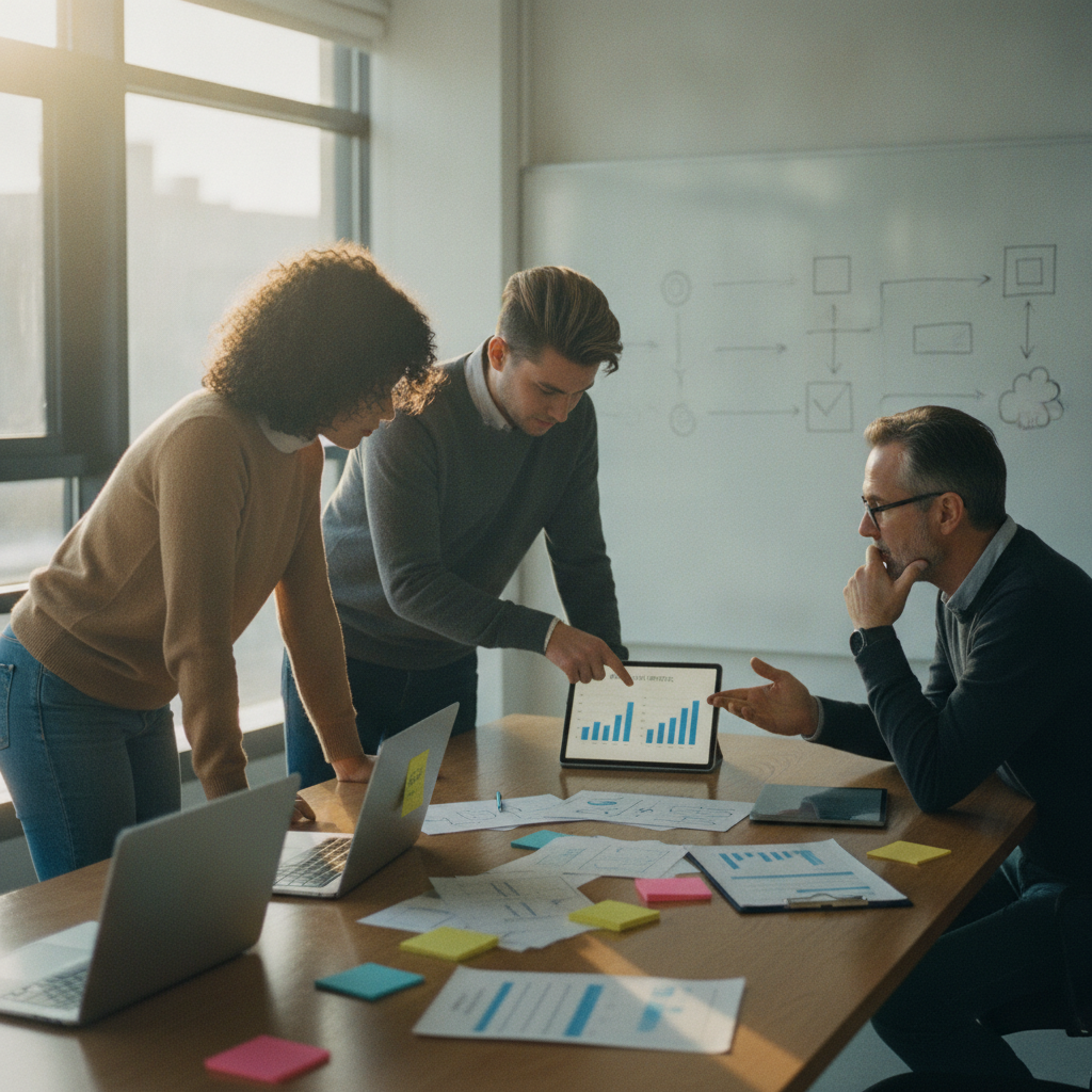 Cross-functional team reviewing a 90-day AI pilot plan at a table, pointing at prototypes, sticky-note timeline, and metric