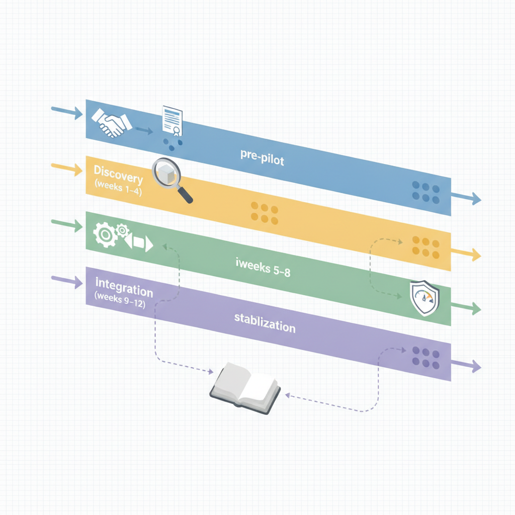 Isometric infographic showing a 90-day, four-phase AI pilot timeline with icons for pre-pilot, discovery, integration