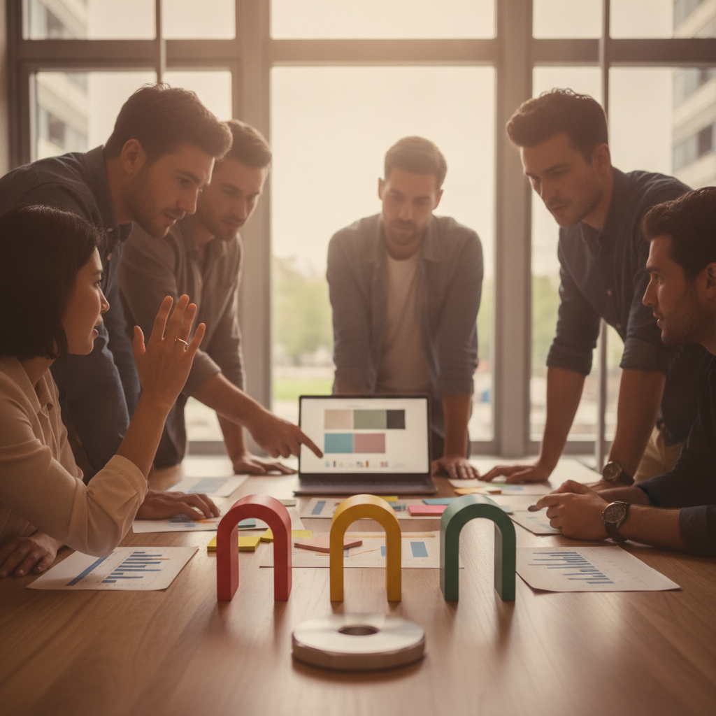 Cross-functional team pointing at four colored gate models on a conference table while evaluating an AI pilot