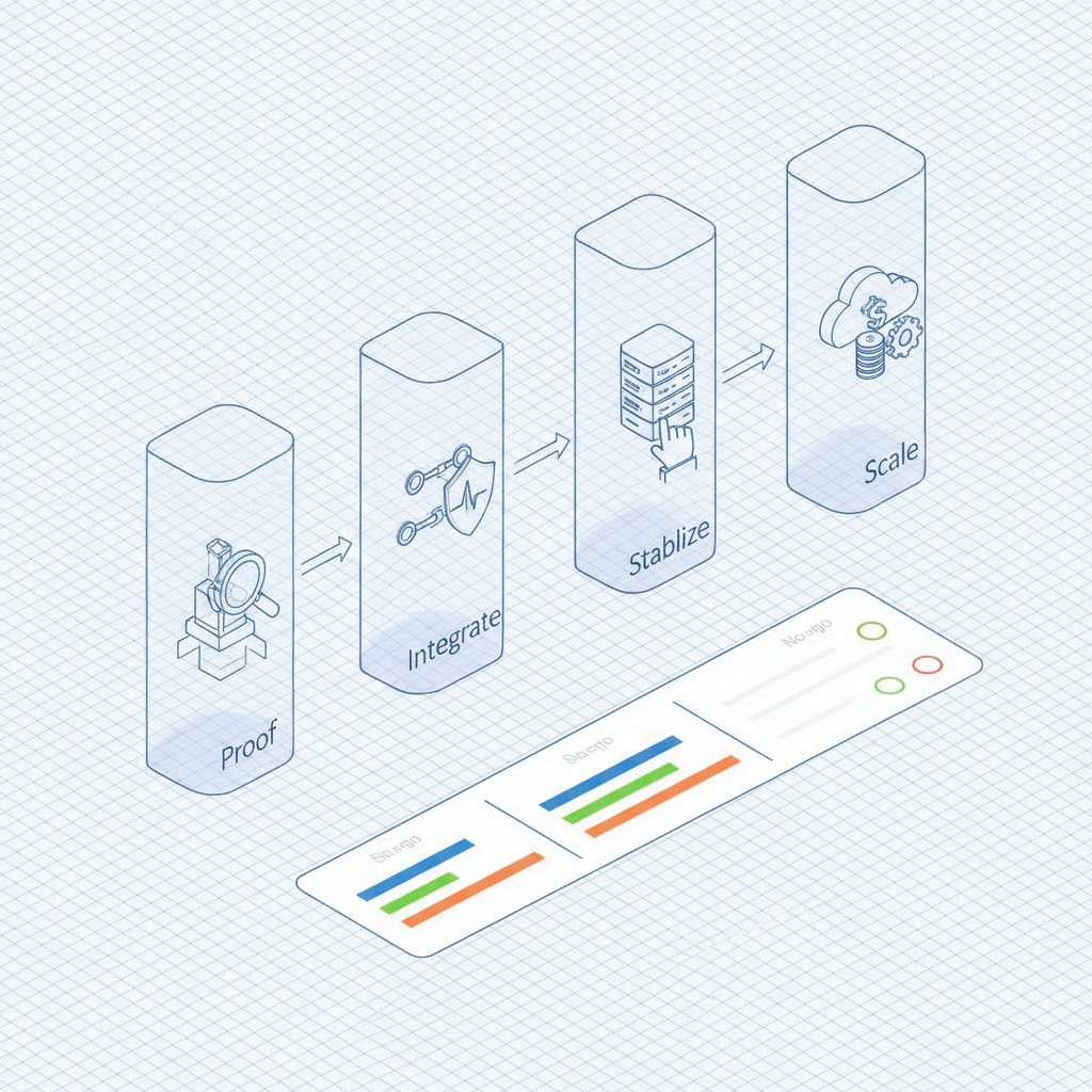Isometric infographic of four translucent decision gates with icons connected by arrows showing pilot-to-production flow