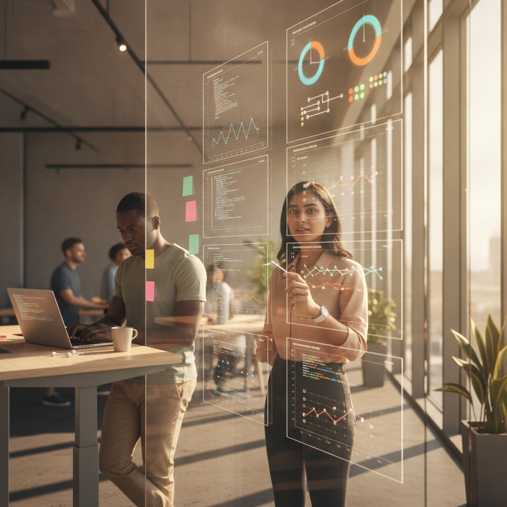 Engineer pointing at large dashboard display showing AI automation metrics in a modern office
