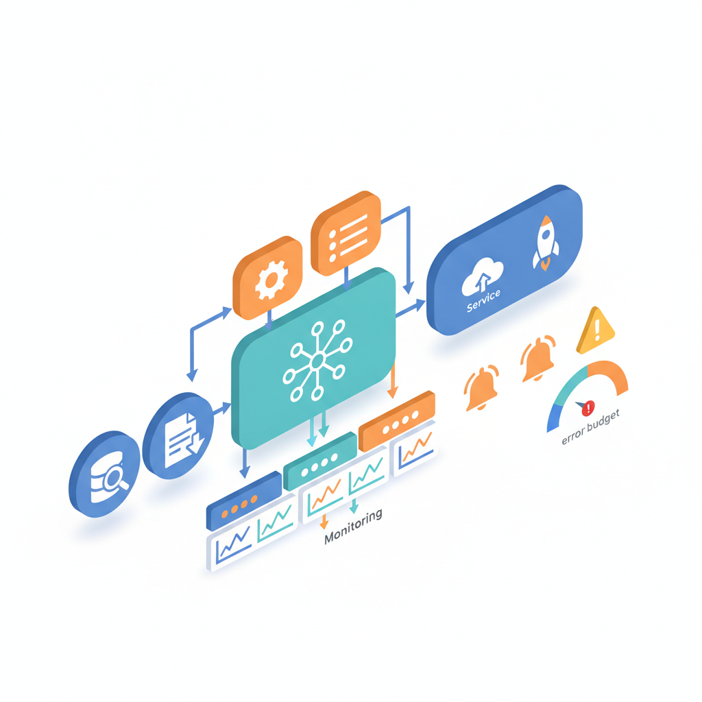 Isometric diagram of AI automation pipeline with monitoring icons, alerts and an error-budget gauge