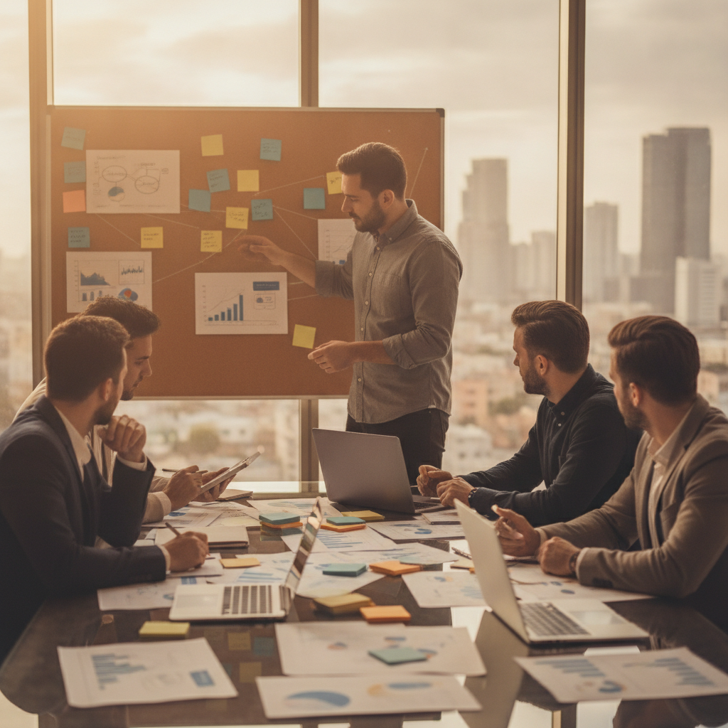 Cross-functional team around a roadmap board, planning rollout and scaling of AI process automation in a conference room