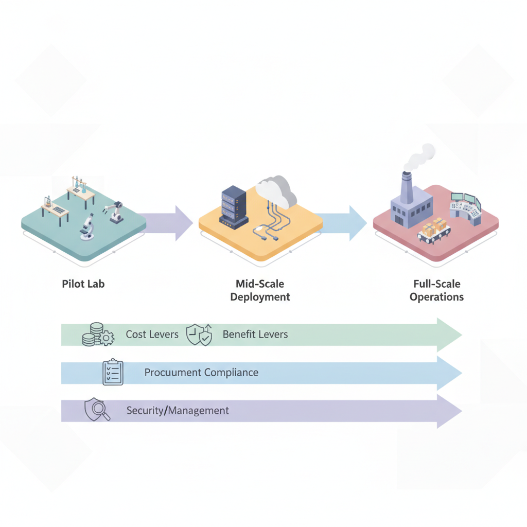 Isometric diagram showing pilot-to-production flow with icons for costs, benefits, procurement, security, and change