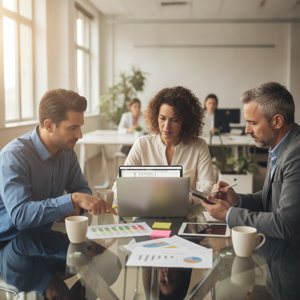 Three colleagues scoring AI vendors at a conference table, pointing at a tablet and printed scorecards during evaluation