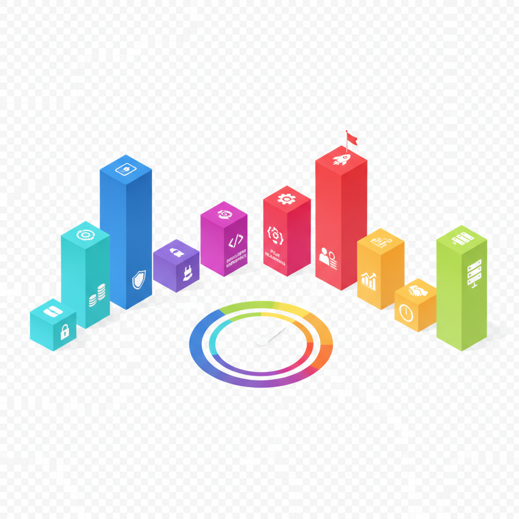 Isometric explanatory diagram of a 10-block vendor scorecard with icons and varied block heights showing weighted criteria