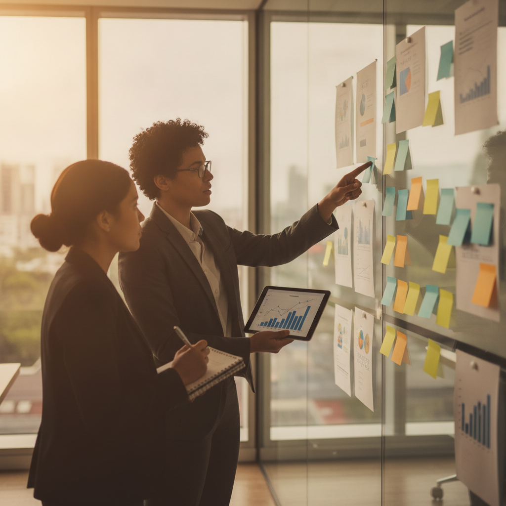 Cross-functional team pointing at a wall timeline with colored sticky cards in a modern office, planning a 90-day AI pilot