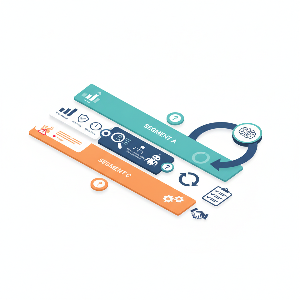 Isometric timeline diagram showing pilot stages, decision gates, KPI icons, feedback loop and handover checklist