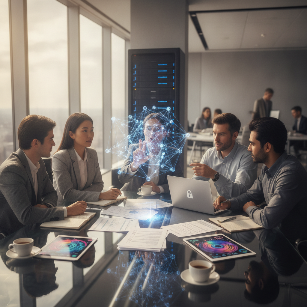 Diverse procurement team pointing at a 3D AI model hologram while reviewing checklist paperwork in a glass office