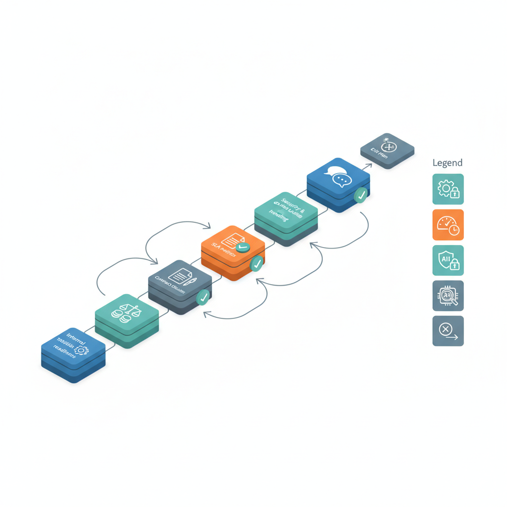 Isometric checklist diagram with icon tiles for readiness, pricing, contracts, SLAs, security and vendor risk