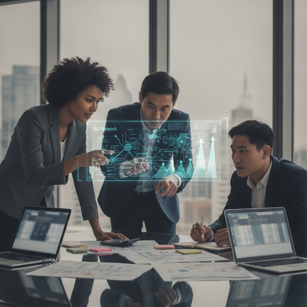 Team analyzing holographic AI charts and process maps at a conference table in a modern office