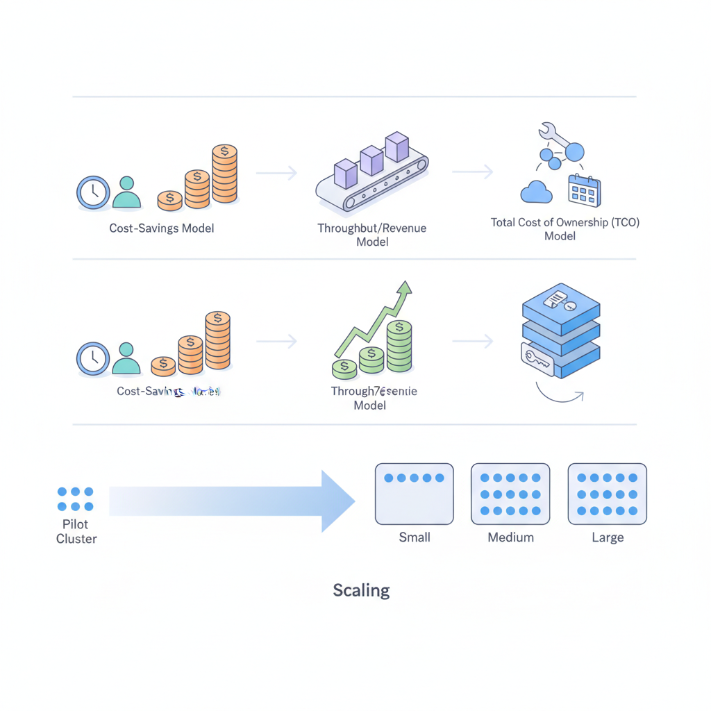 Isometric diagram with three icon lanes showing hours-to-savings, throughput-to-revenue, and stacked TCO components