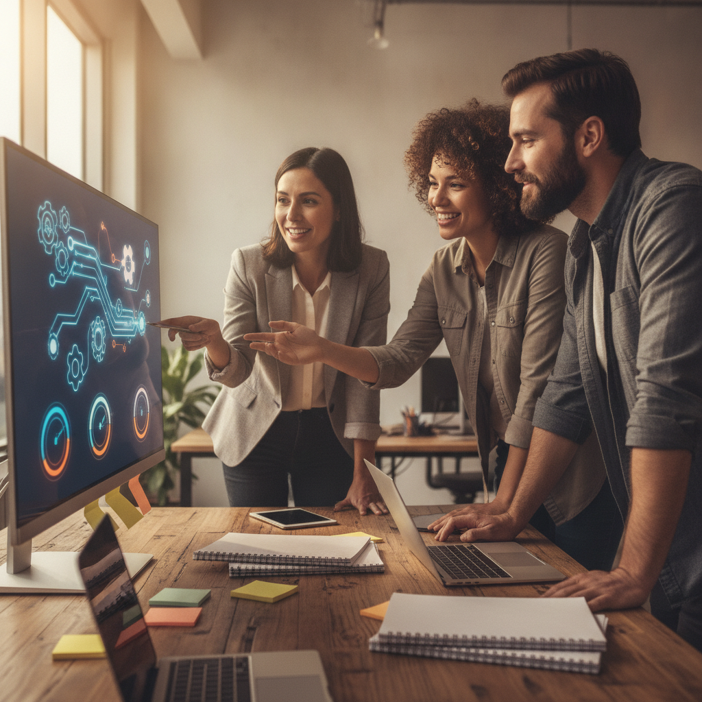 Cross-functional team reviewing an abstract AI automation workflow on a large monitor in a modern office