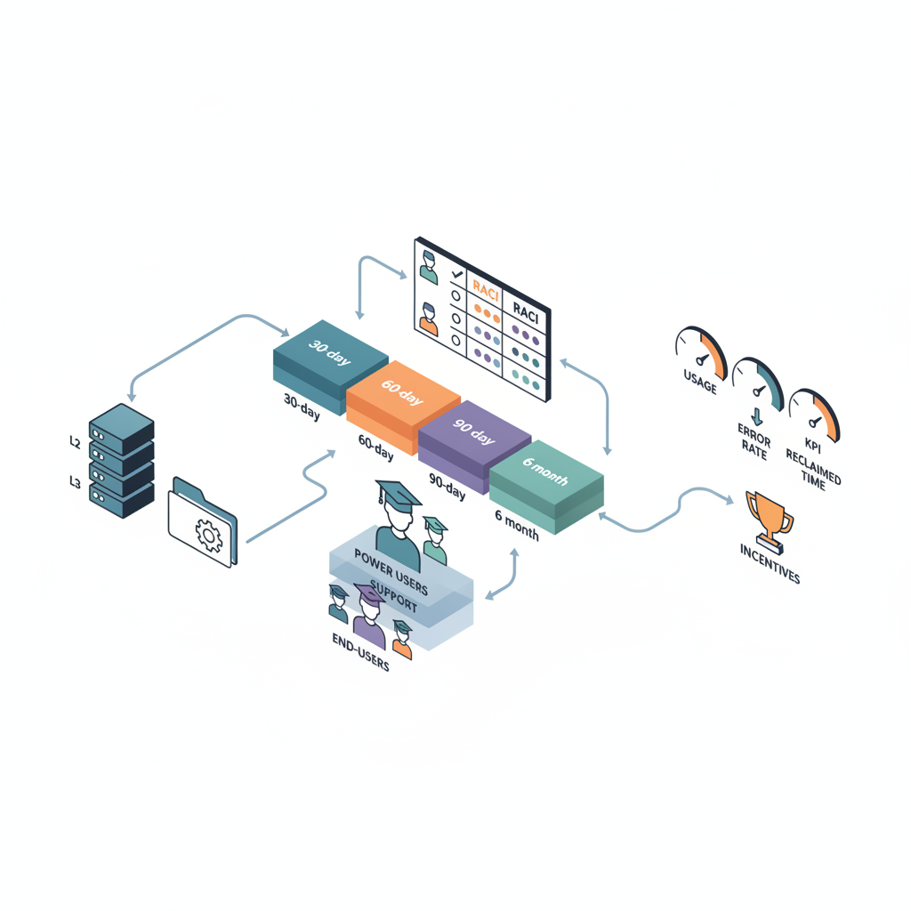 Isometric infographic showing timeline, roles matrix, training tiers, KPI gauges and support stack for an AI automation