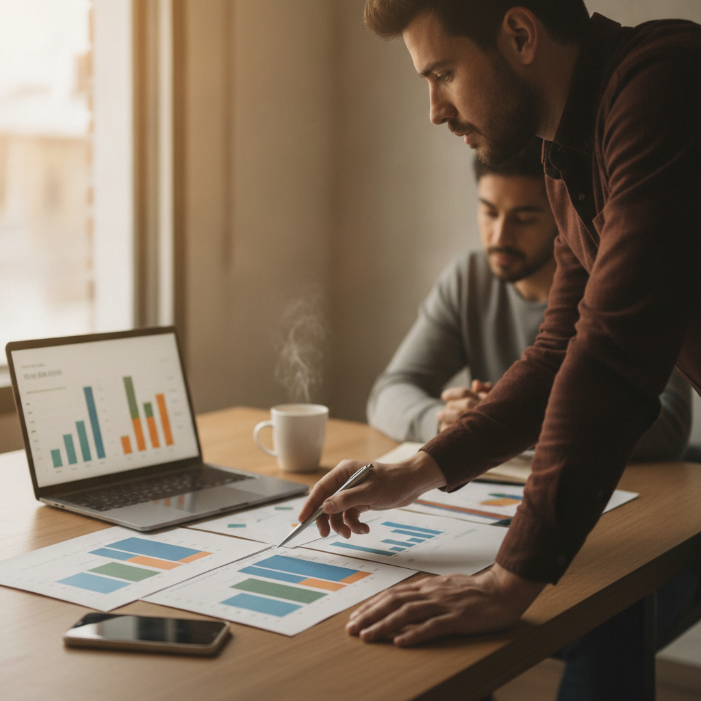 Marketing lead pointing at printed pricing charts and a laptop, evaluating AI image editor tiers in an office.