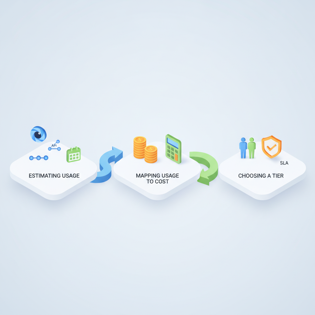 Isometric step-by-step diagram showing estimate usage, map costs, and choose pricing tiers for a marketing team.