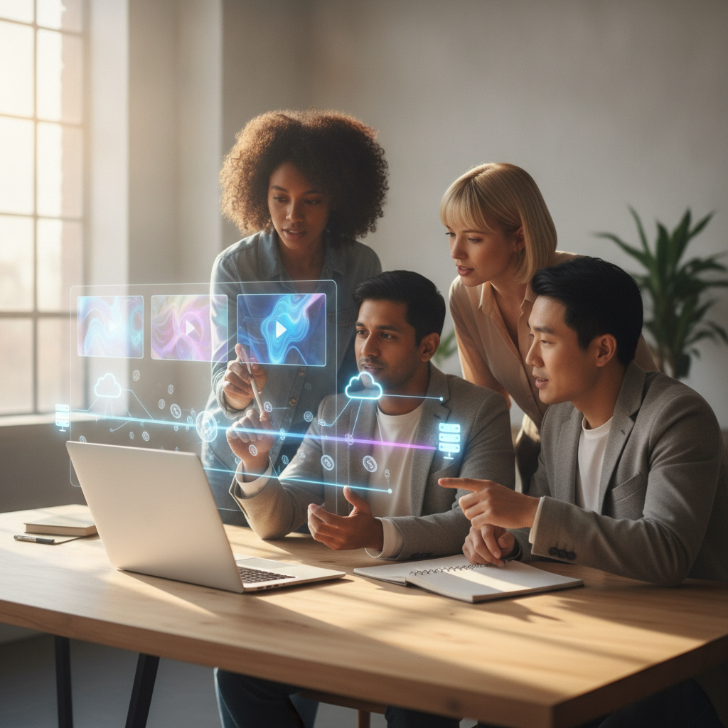 Small team examines holographic video frames and cloud compute visuals above a laptop in a modern office