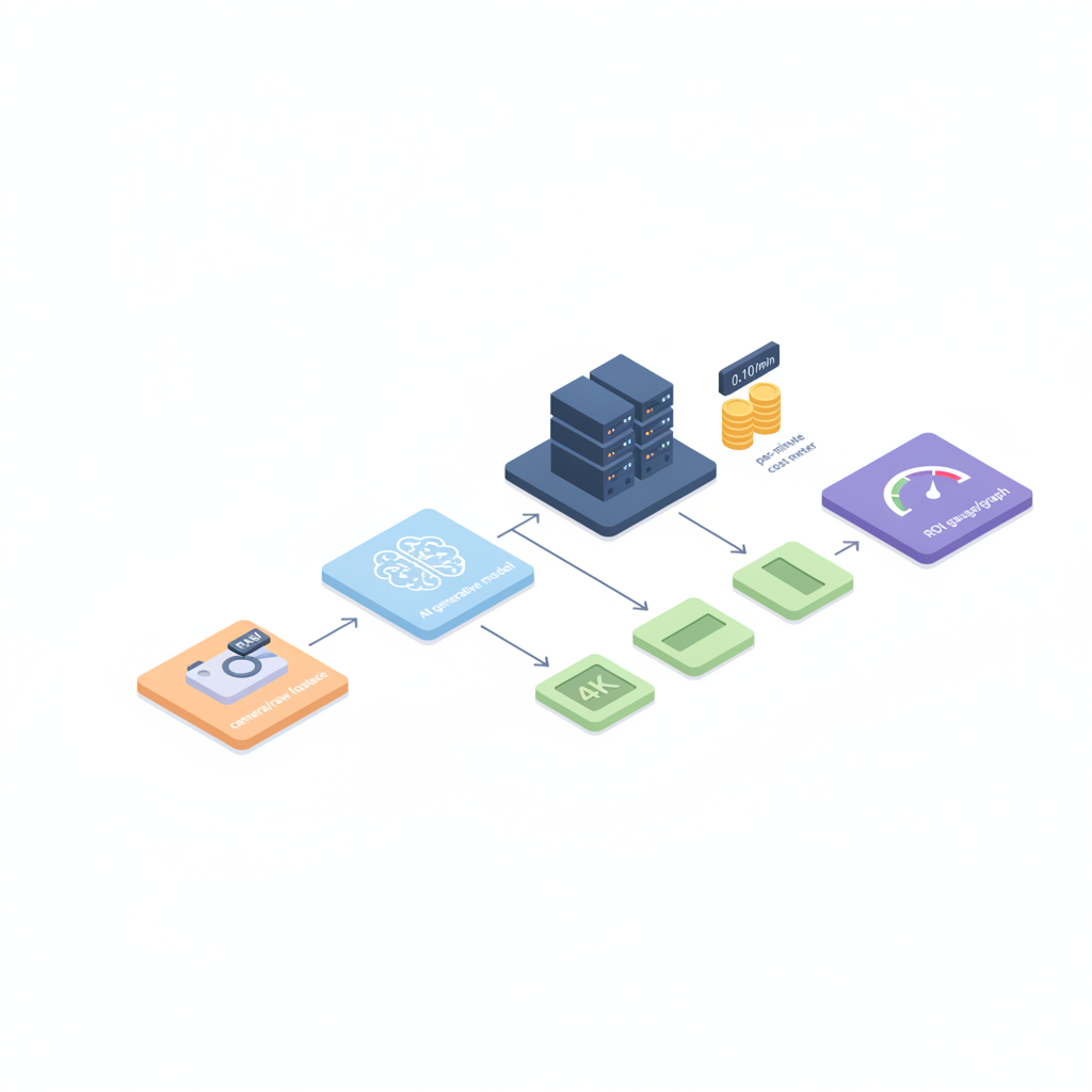 Isometric workflow diagram showing footage to AI model to cloud render to pricing coins and format export icons