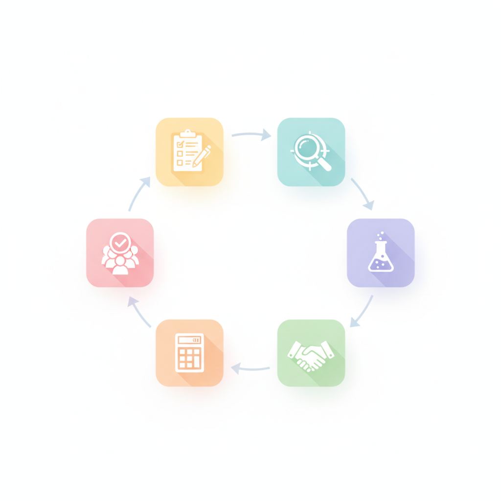 Isometric step-by-step diagram showing icons for assessing needs, trials, cost forecasting, negotiation, and implementation