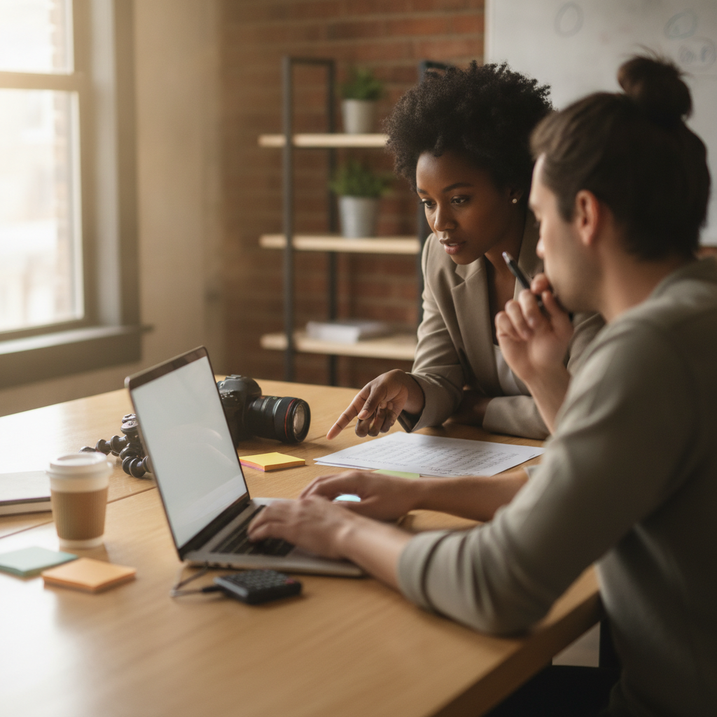 Three-person small team reviewing a blurred ROI worksheet, camera gear and laptop on a sunny office table