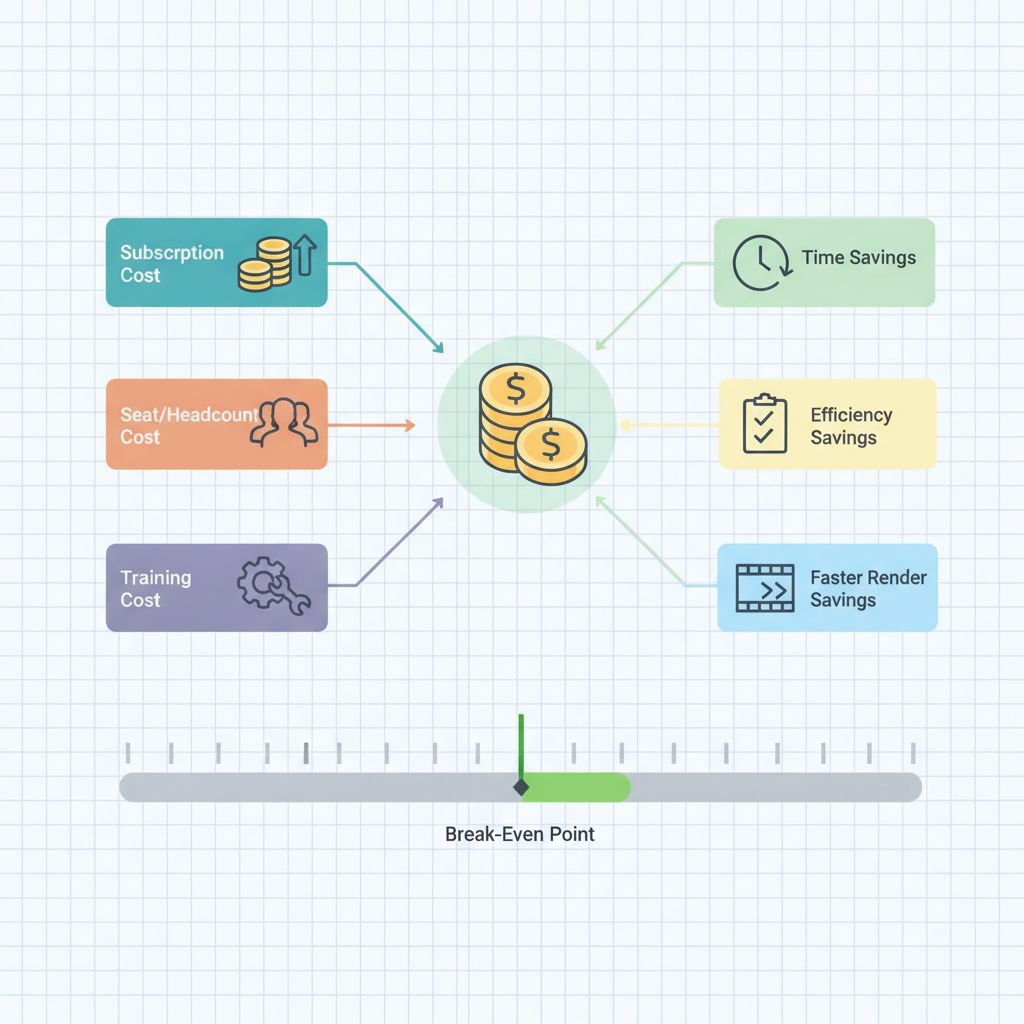 Isometric diagram showing cost blocks, savings icons, net-benefit coin stack and a payback timeline for small teams