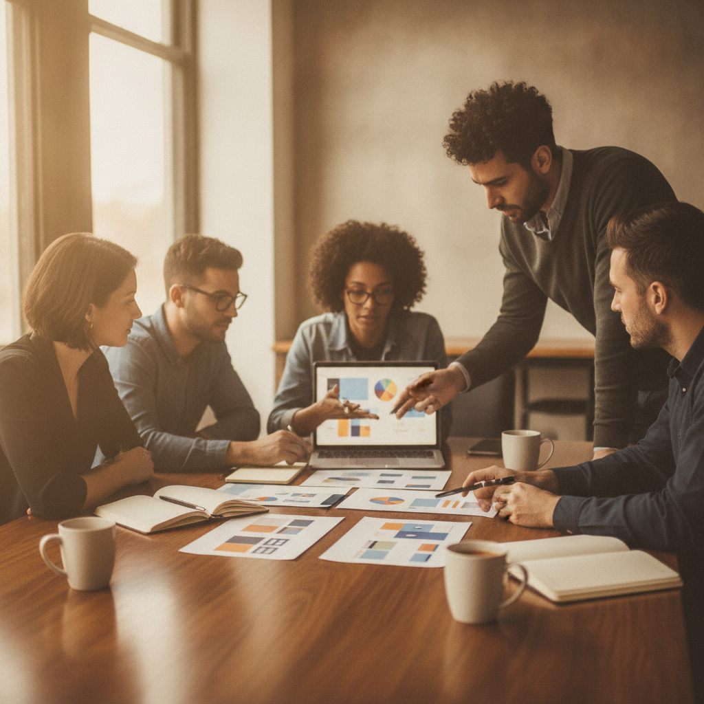 Small team of five leaning over a laptop, pointing at blurred pricing charts in a bright meeting room