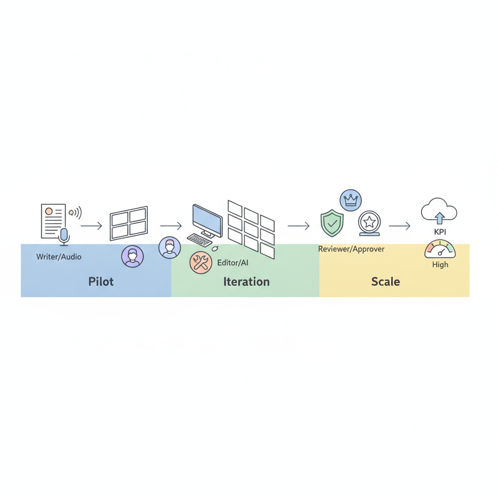 Isometric diagram of a minimal AI video pipeline with icons for script, edit, review, approval, and publish across a 90-day