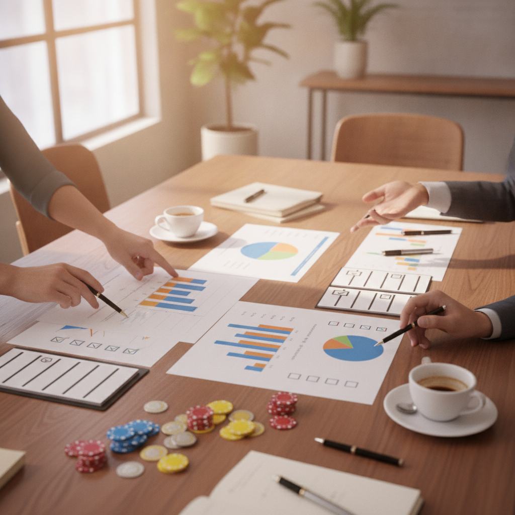 Three marketers pointing at printed pricing charts and colored tokens on a conference table.