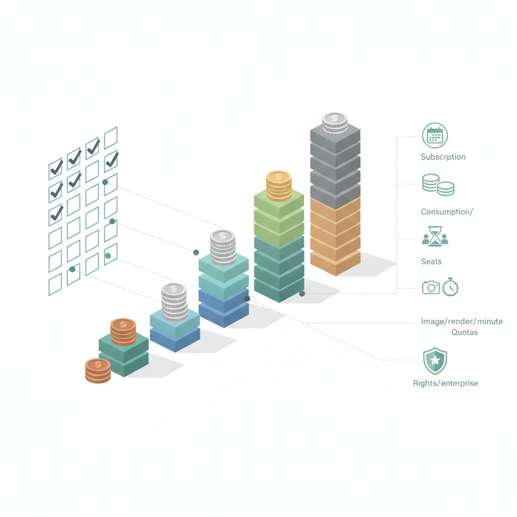Isometric diagram linking twelve checklist boxes to four stacked pricing tiers with icons for subscription, credits, seats