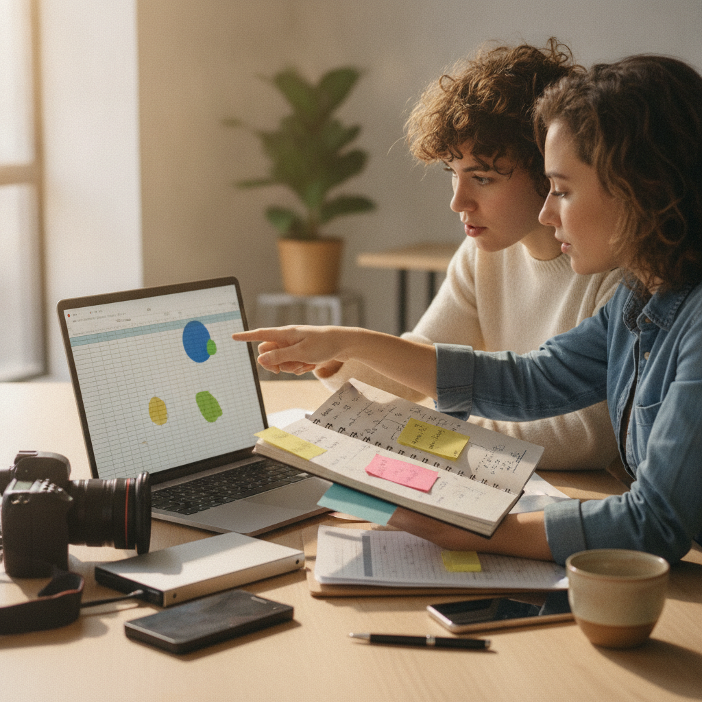 Marketing team members pointing at a laptop spreadsheet while calculating AI photo editor costs at a shared desk