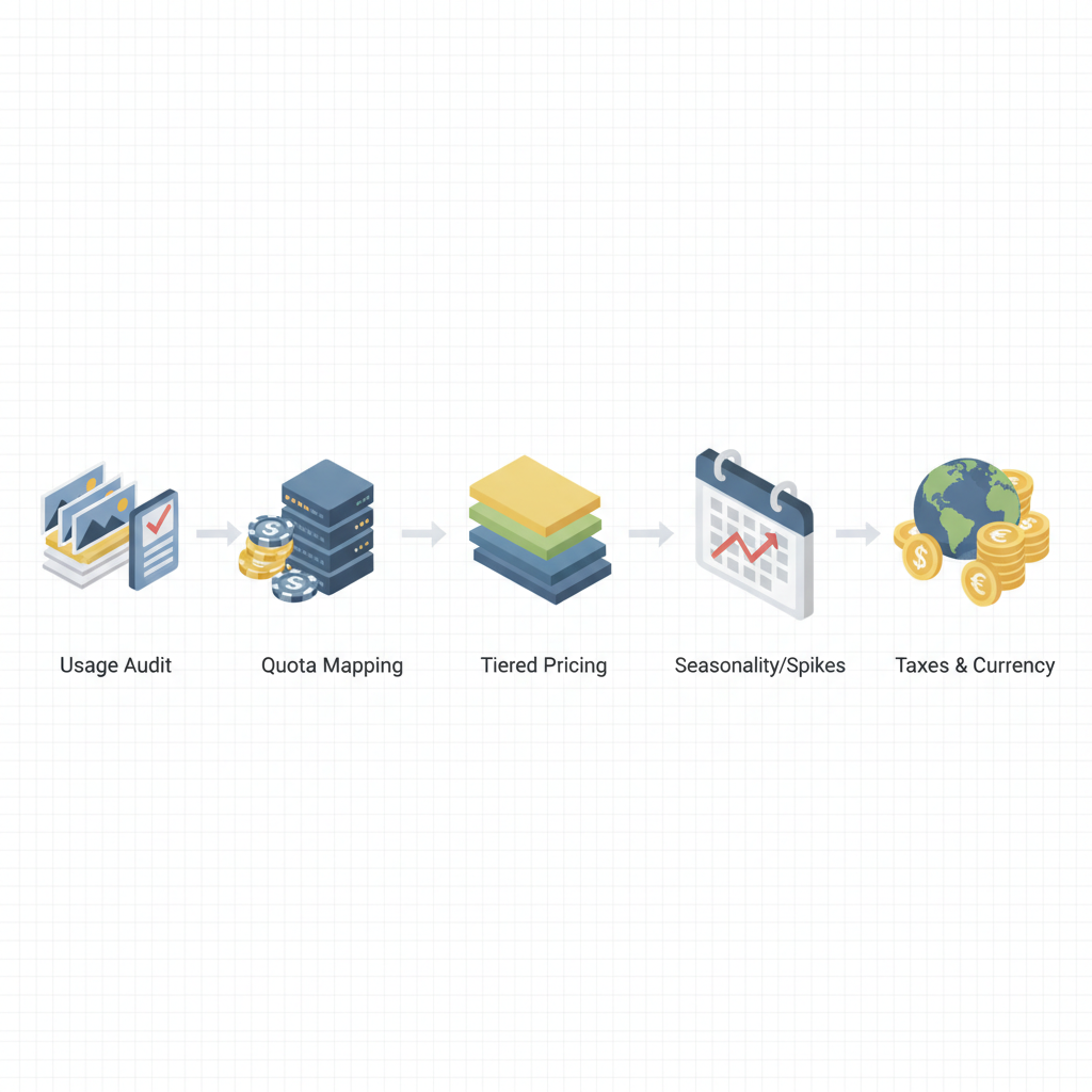Isometric diagram of a five-step forecasting flow for AI photo editor costs with icons for usage, quotas, pricing, taxes